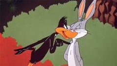 Daffy Duck runs into pronoun trouble with Bugs Bunny in "Rabbit Seasoning."